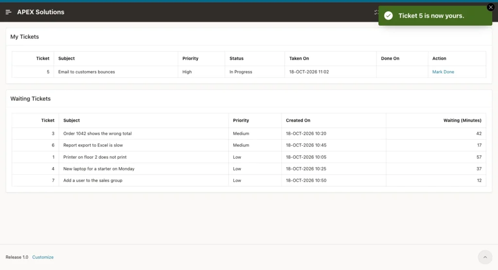 Work Queue page with the message Ticket 5 is now yours, ticket 5 In Progress with a Mark Done link and five waiting tickets