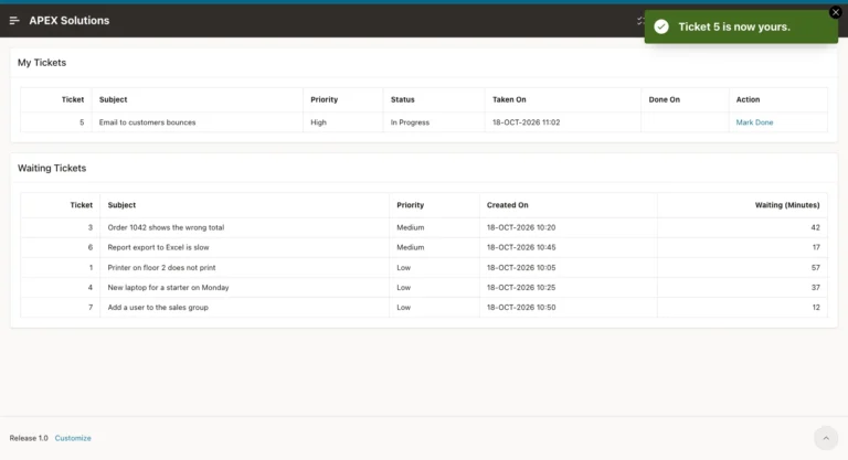 Work Queue page with the message Ticket 5 is now yours, ticket 5 In Progress with a Mark Done link and five waiting tickets