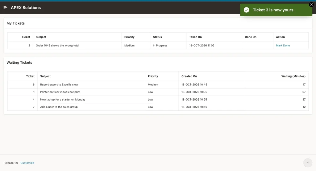 Work Queue page for ORDER_EDITOR with the message Ticket 3 is now yours