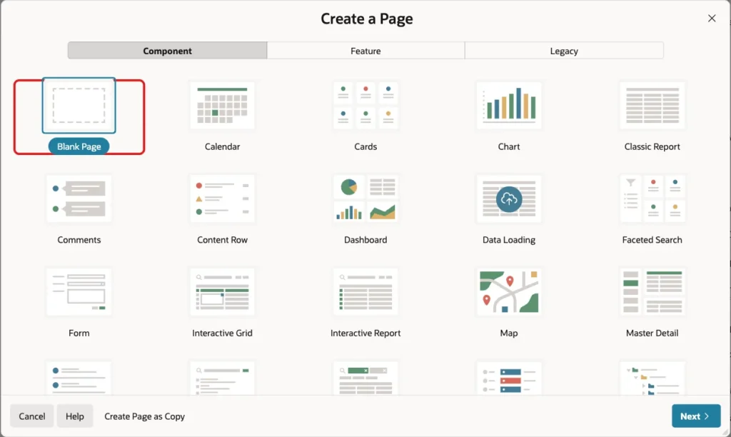 Create a Page wizard with the Blank Page tile marked with a red box