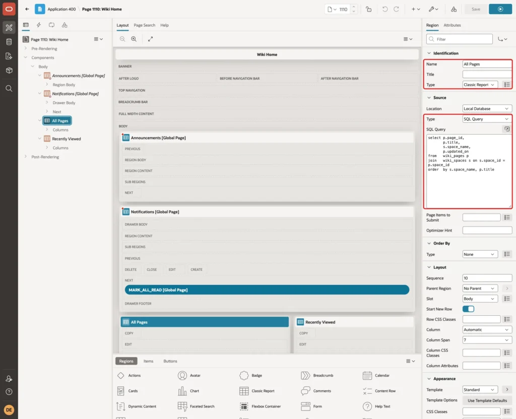 All Pages region with Name, Type Classic Report, Source Type SQL Query and the SQL Query marked with red boxes