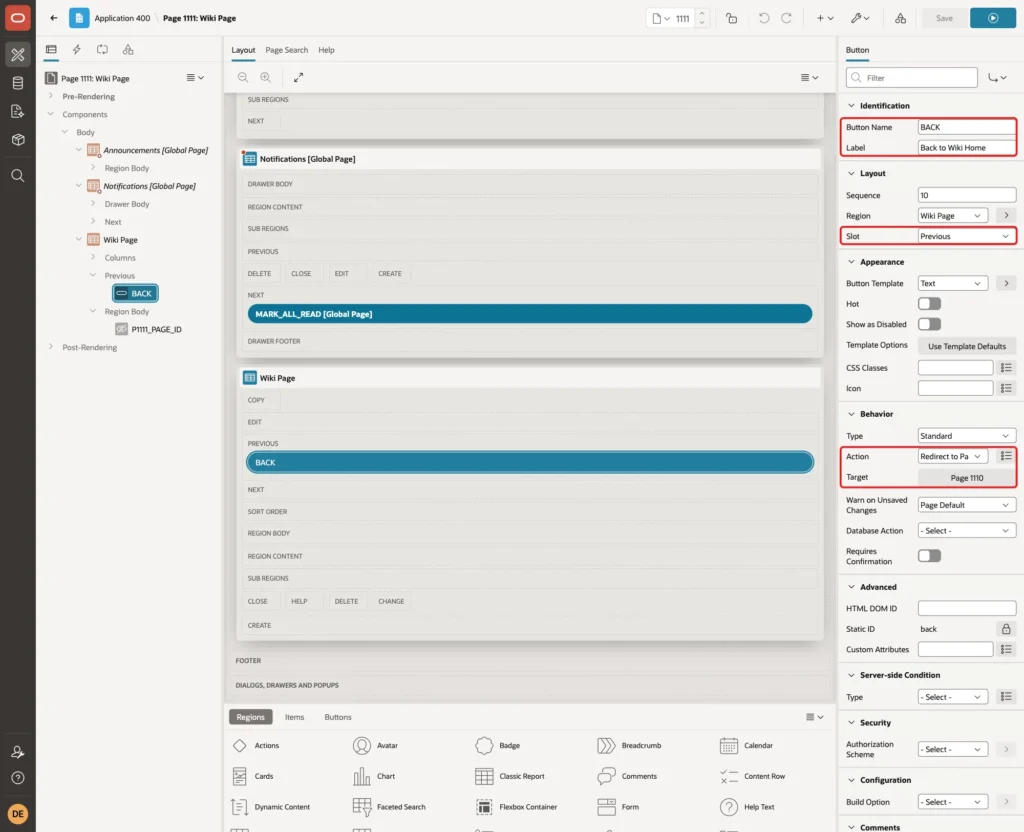 BACK button with Button Name, Label Back to Wiki Home, Slot Previous, Action Redirect to Page in this Application and Target Page 1110 marked with red boxes