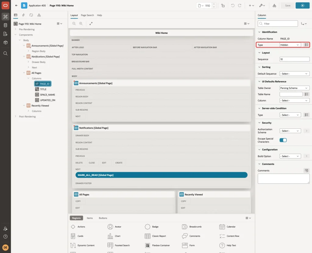 PAGE_ID column with Type Hidden Column marked with a red box