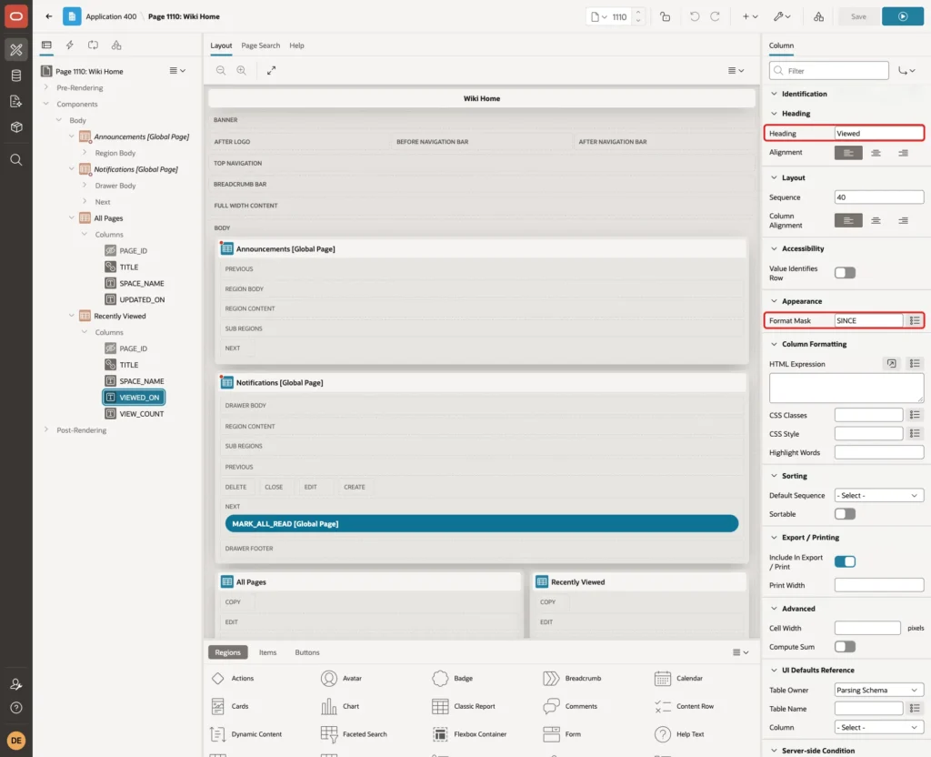 VIEWED_ON column with Heading Viewed and Format Mask SINCE marked with red boxes