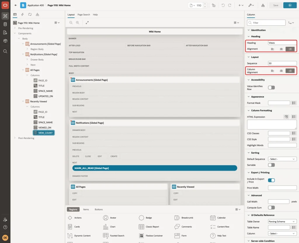 VIEW_COUNT column with Heading Views, Alignment end and Column Alignment end marked with red boxes