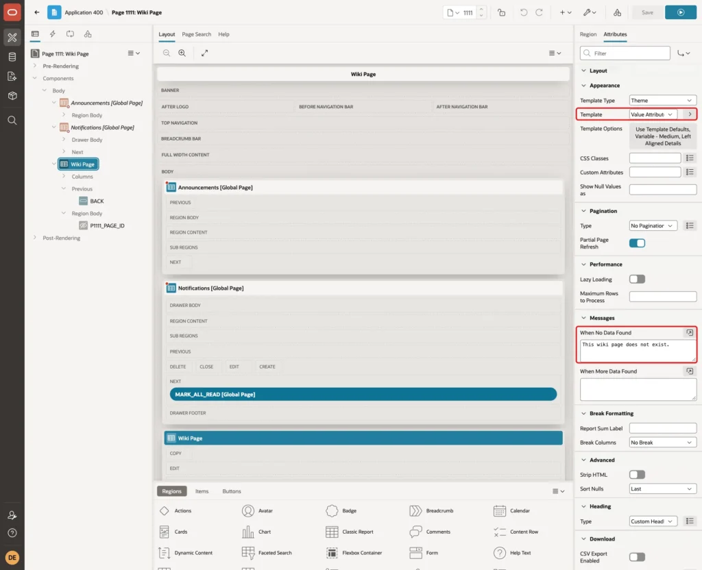 Region Attributes with Template Value Attribute Pairs - Column and When No Data Found This wiki page does not exist. marked with red boxes