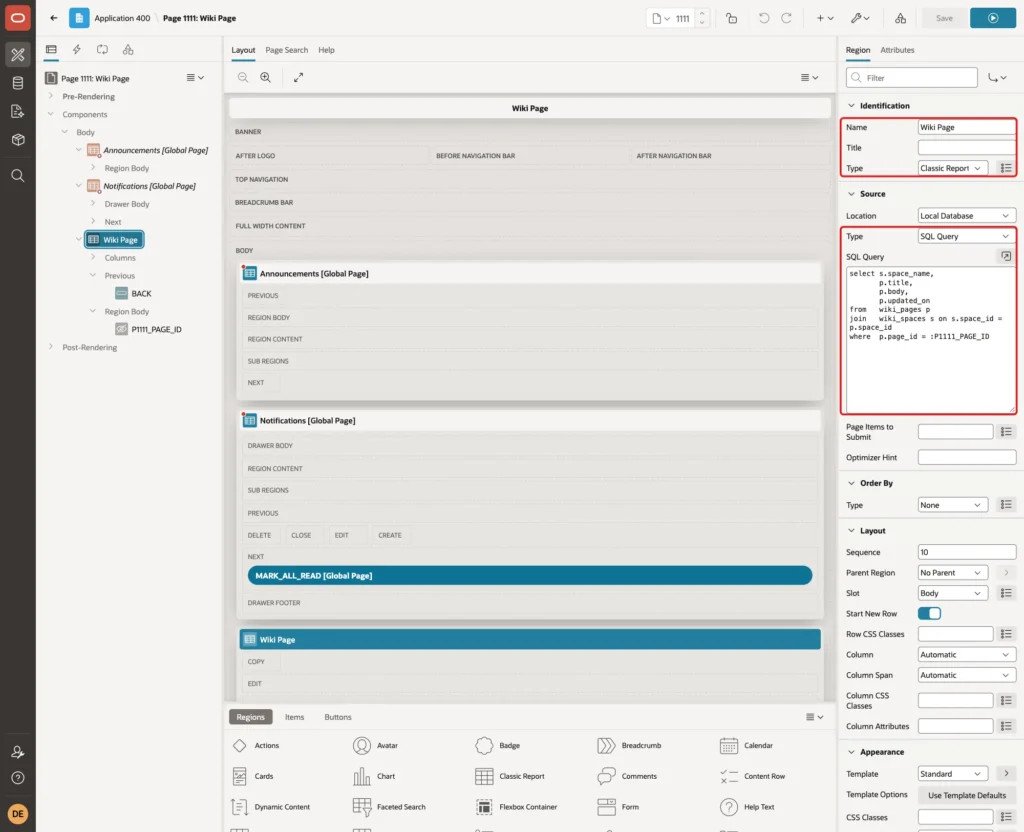 Wiki Page region with Name, Type Classic Report, Source Type SQL Query and the SQL Query marked with red boxes