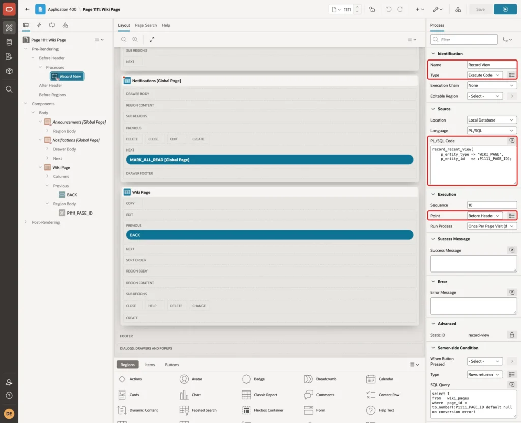 Record View process with Name, Type Execute Code, the PL/SQL Code and Execution Point Before Header marked with red boxes
