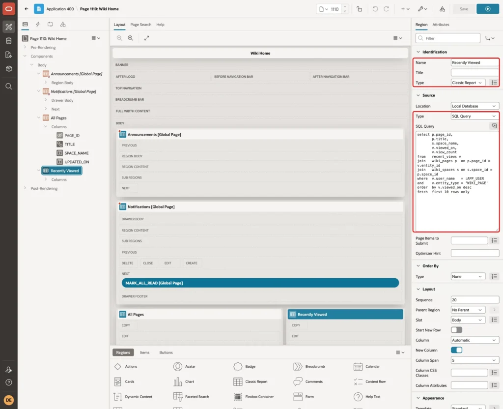 Recently Viewed region with Name, Type Classic Report, Source Type SQL Query and the SQL Query marked with red boxes