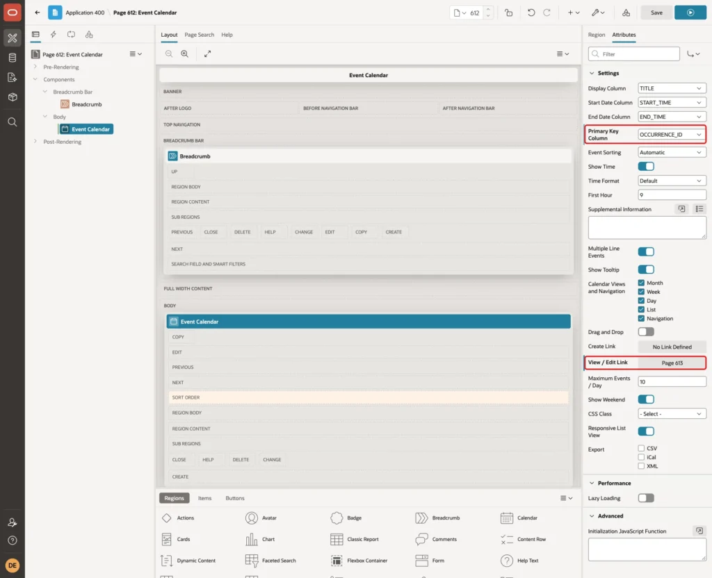 Calendar attributes with Primary Key Column OCCURRENCE_ID and View / Edit Link Page 613 marked with red boxes