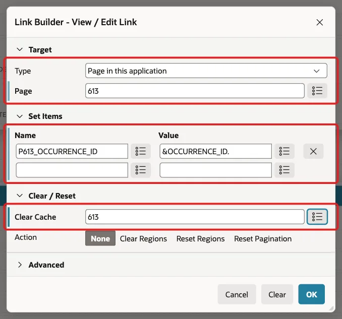 Link Builder View / Edit Link with Page 613, item P613_OCCURRENCE_ID set to &OCCURRENCE_ID. and Clear Cache 613 marked with red boxes