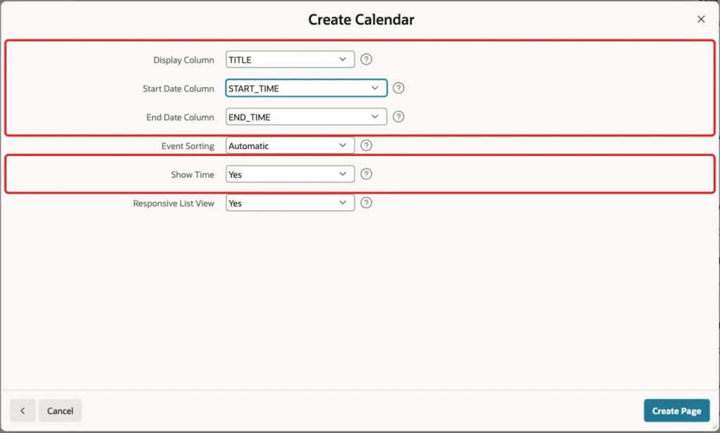 Calendar wizard settings with Display Column TITLE, Start Date Column START_TIME, End Date Column END_TIME and Show Time Yes marked with red boxes