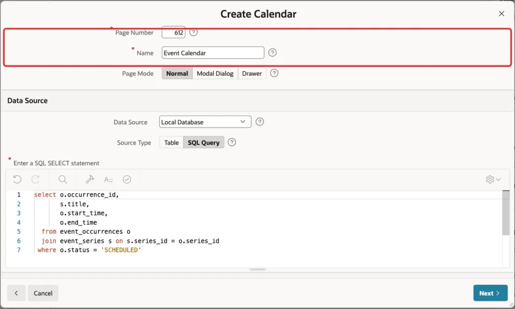 Create Calendar wizard with Page Number 612 and Name Event Calendar marked with a red box