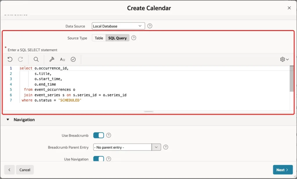 Source Type SQL Query and the calendar query in the editor marked with a red box