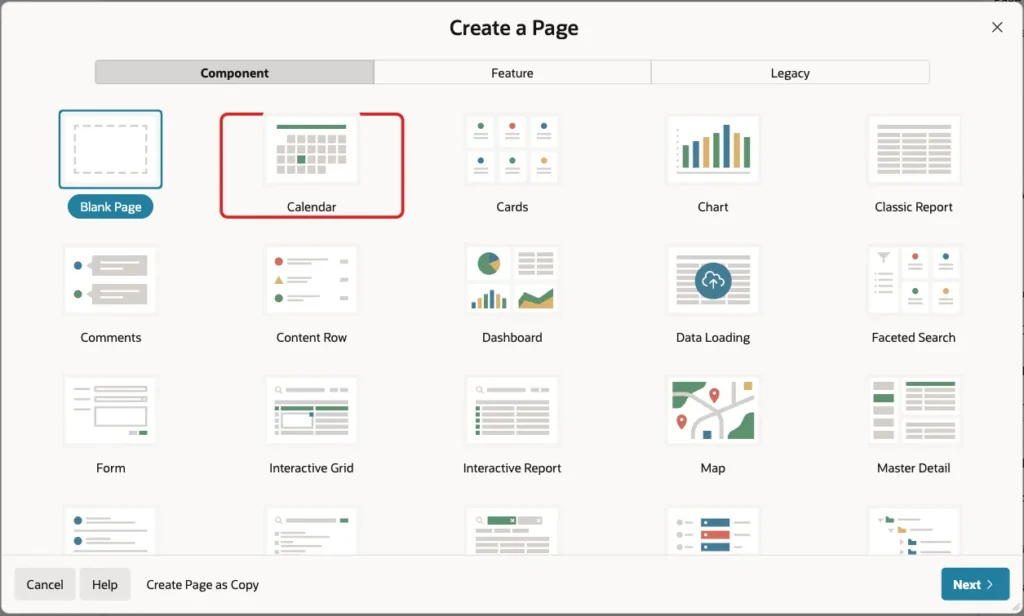 Create a Page dialog with the Calendar page type marked with a red box