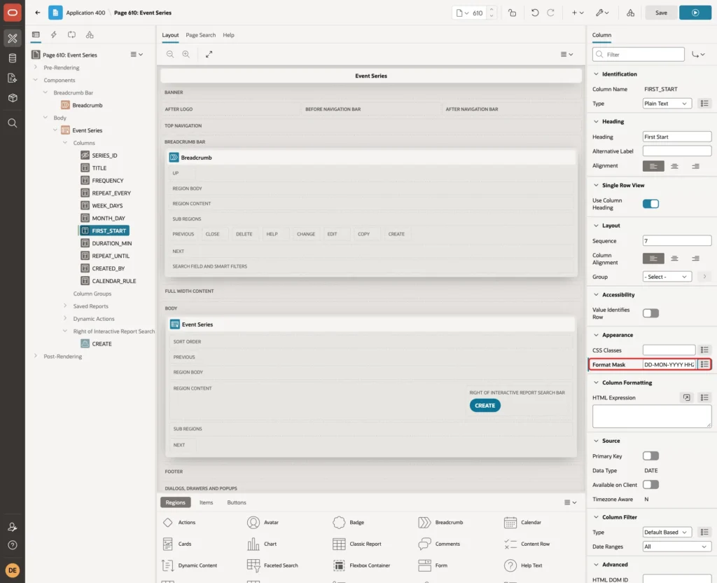 Page 610 with the FIRST_START report column selected and Format Mask DD-MON-YYYY HH24:MI marked with a red box