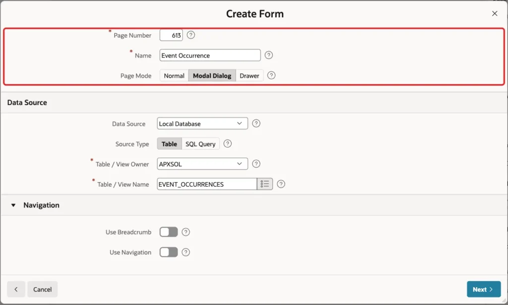 Create Form wizard with Page Number 613, Name Event Occurrence and Page Mode Modal Dialog marked with a red box