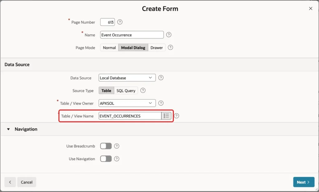 Create Form wizard with Table / View Name EVENT_OCCURRENCES marked with a red box