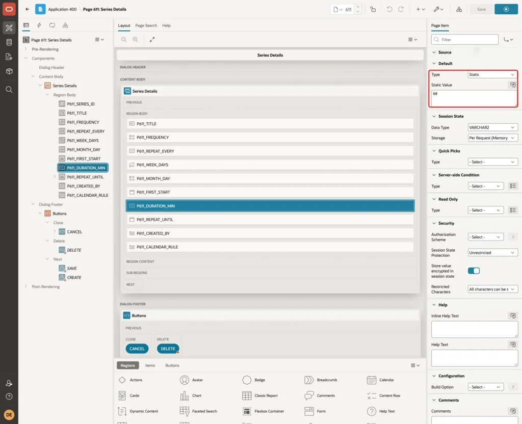 Default group of P611_DURATION_MIN with Type Static and Static Value 60 marked with a red box