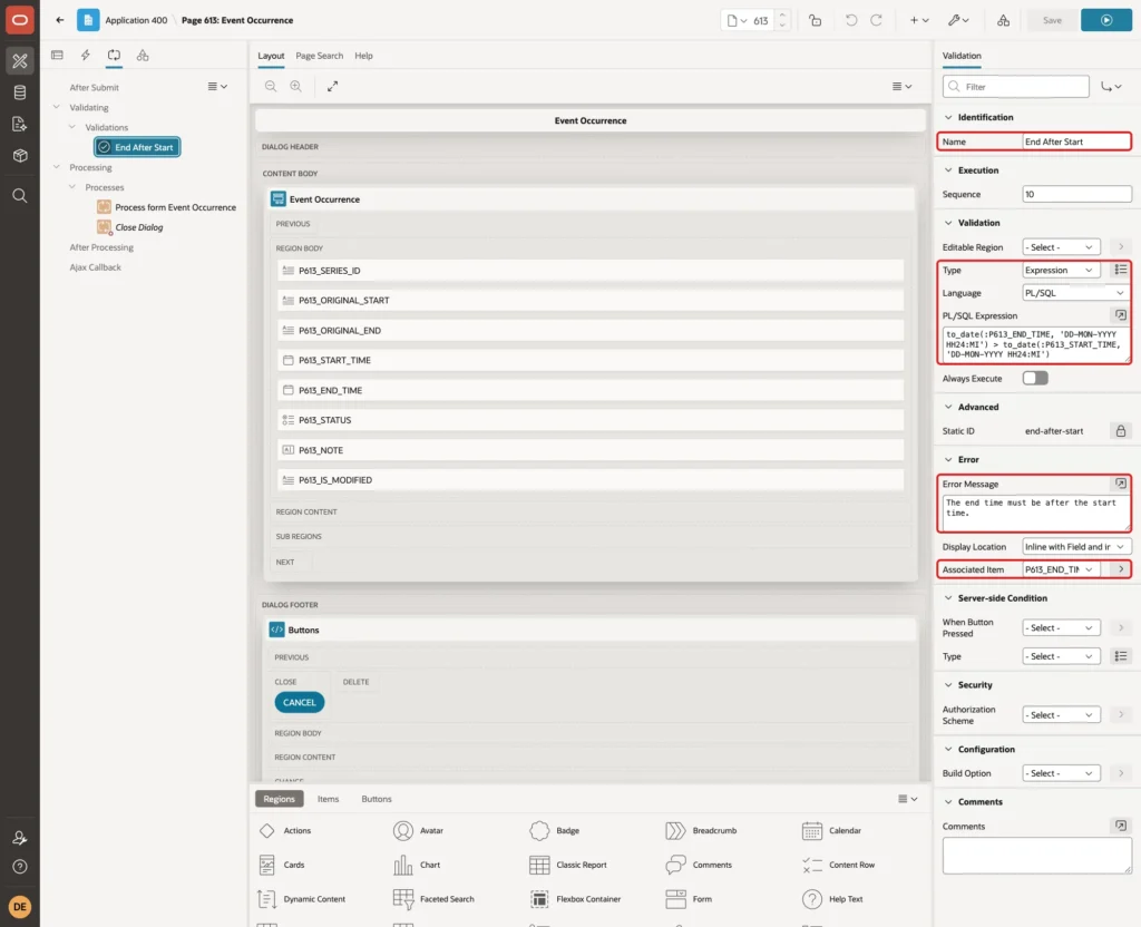Validation End After Start on page 613 with Name, Type Expression, Language PL/SQL, the expression, Error Message and Associated Item marked with red boxes