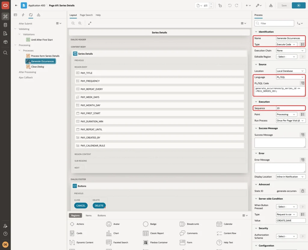 Process Generate Occurrences with Name, Type Execute Code, Language PL/SQL, the PL/SQL code and Sequence 20 marked with red boxes