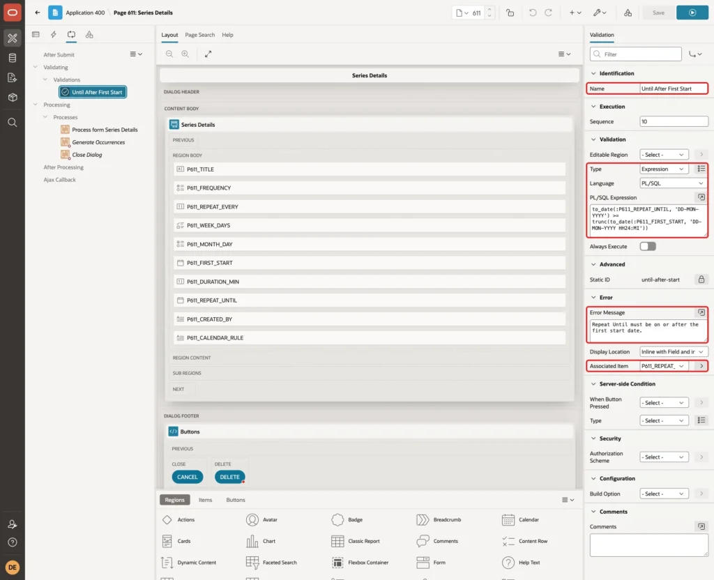 Validation Until After First Start with Name, Type Expression, Language PL/SQL, the expression, Error Message and Associated Item marked with red boxes