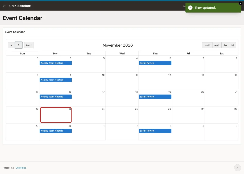 Event Calendar for November 2026 after the change, with the empty Monday 23 November marked with a red box and a Row updated message
