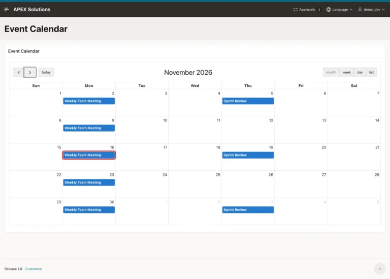 Event Calendar for November 2026 with weekly meetings on Mondays and Sprint Review on 5 and 19 November; the meeting on 16 November is marked with a red box
