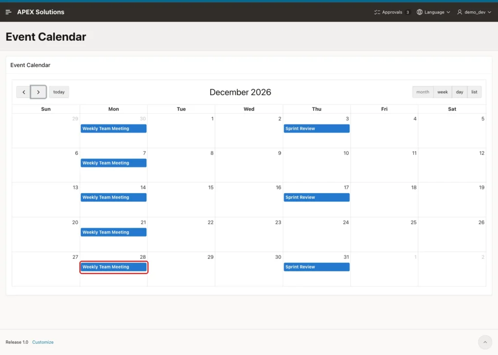 Event Calendar for December 2026 with the new Weekly Team Meeting on 28 December marked with a red box