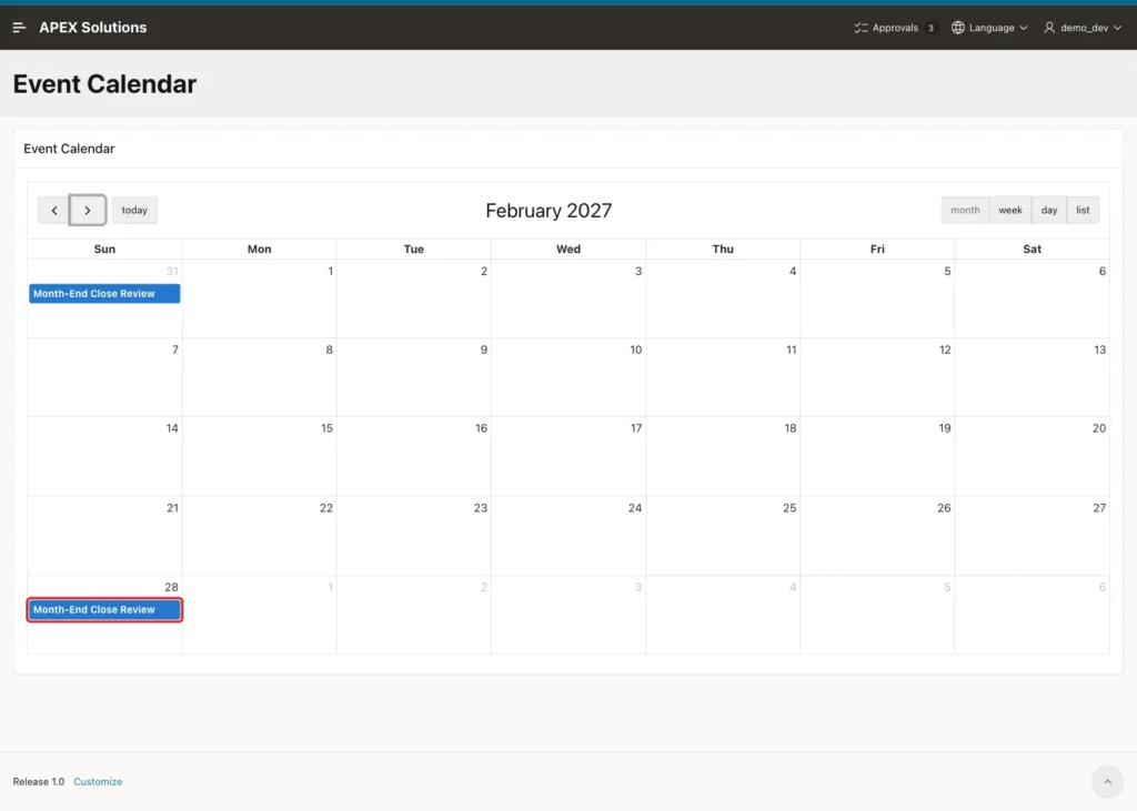 Event Calendar for February 2027 with Month-End Close Review on 31 January and on 28 February, the latter marked with a red box