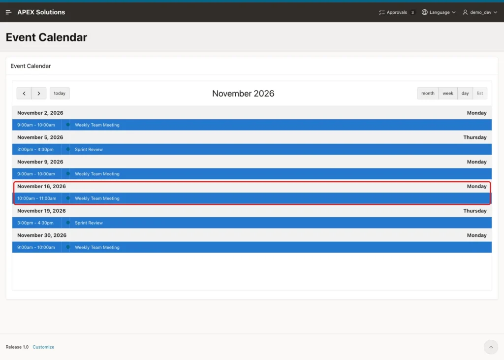 Calendar list view for November 2026 with the 16 November meeting from 10:00am to 11:00am marked with a red box