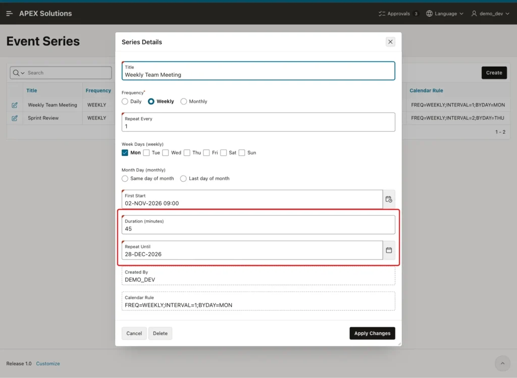 Series Details dialog for Weekly Team Meeting with Duration 45 and Repeat Until 28-DEC-2026 marked with a red box