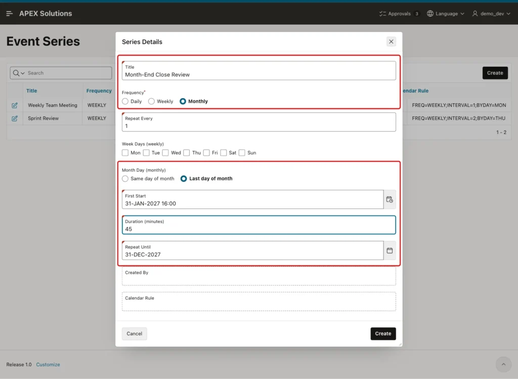 Series Details dialog with Title Month-End Close Review, Frequency Monthly, Month Day Last day of month, First Start 31-JAN-2027 16:00, Duration 45 and Repeat Until 31-DEC-2027 marked with red boxes