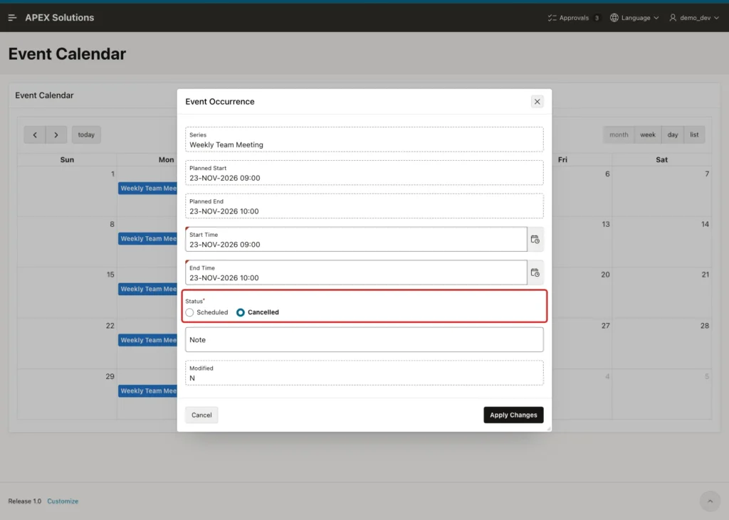 Event Occurrence dialog for 23-NOV-2026 with Status Cancelled marked with a red box
