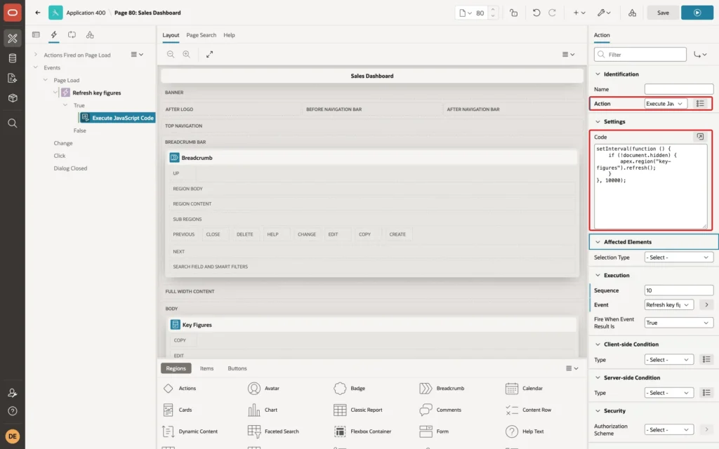 Page Designer showing the True action with Action Execute JavaScript Code and the setInterval code marked with red boxes
