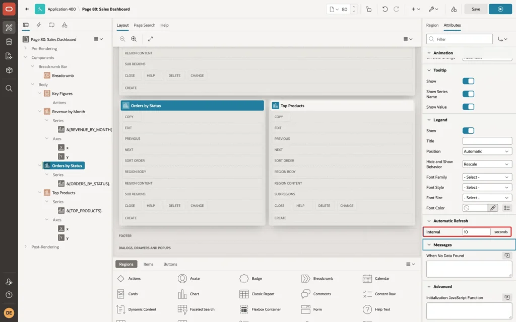 Page Designer showing the Orders by Status chart Attributes with Automatic Refresh Interval 10 seconds marked with a red box