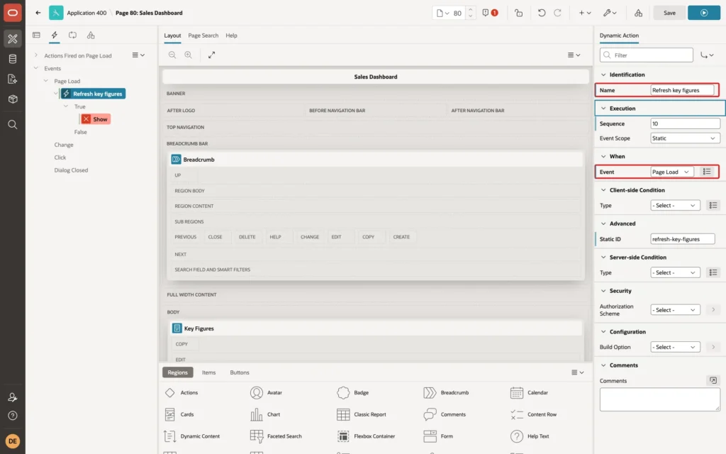Page Designer showing the dynamic action Name Refresh key figures and When Event Page Load marked with red boxes