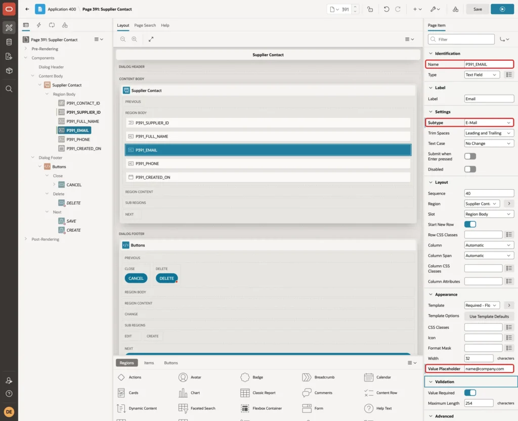 Page Designer with P391_EMAIL, Subtype E-Mail and Value Placeholder name@company.com marked with red boxes