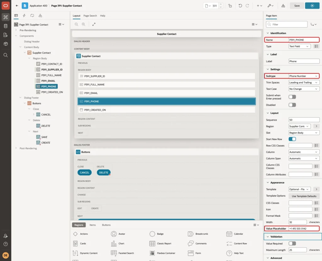 Page Designer with P391_PHONE, Subtype Phone Number and Value Placeholder +1 415 555 0142 marked with red boxes
