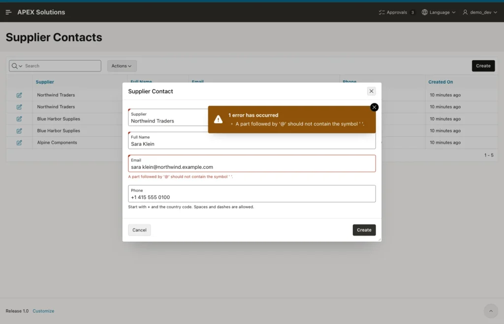 Supplier Contact dialog with 1 error has occurred and a browser message below the email field about the space before the @