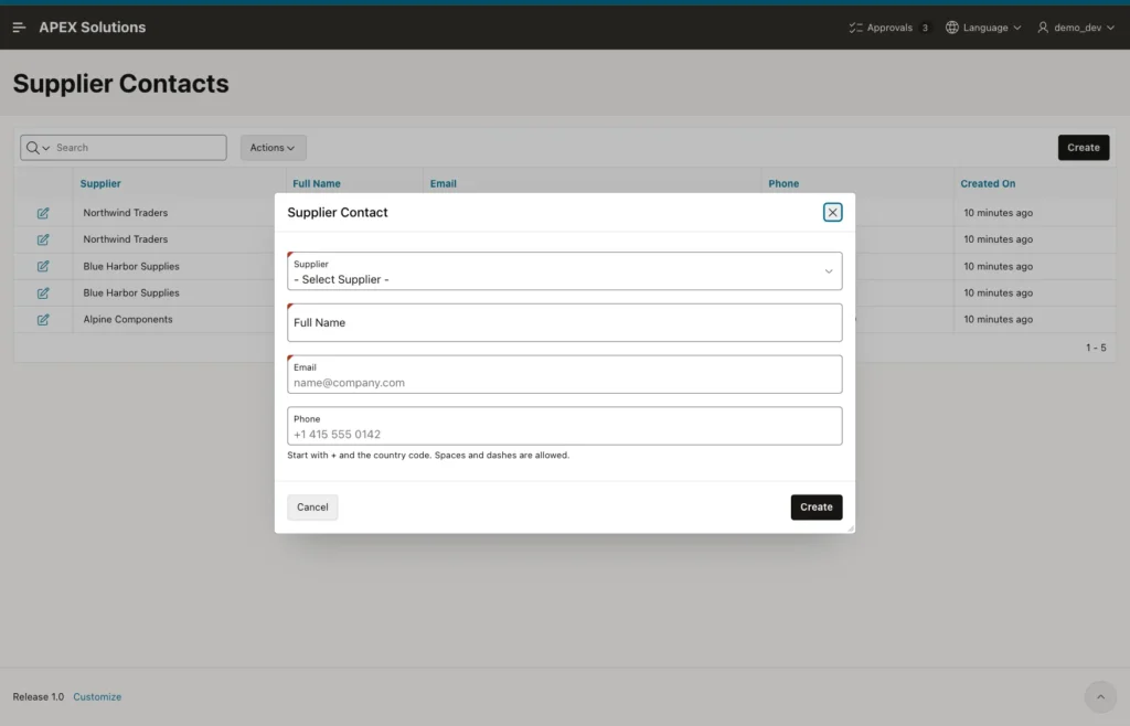 Supplier Contact dialog with the Supplier select list, Full Name, the Email placeholder name@company.com and the Phone placeholder and help text