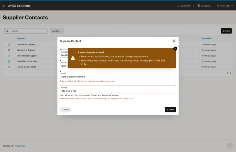 Supplier Contact dialog with the notification 2 errors have occurred and the email and phone error messages below the fields