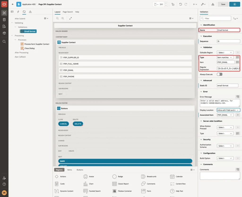Page Designer with the Email format validation, Name, Type Item matches Regular Expression, Item P391_EMAIL and Regular Expression marked with red boxes