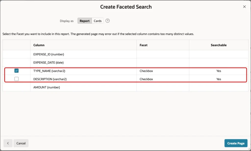 Facet list with TYPE_NAME ticked and DESCRIPTION unticked marked with a red box