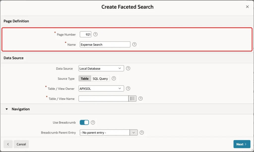 Create Faceted Search screen with Page Number 921 and Name Expense Search marked with a red box