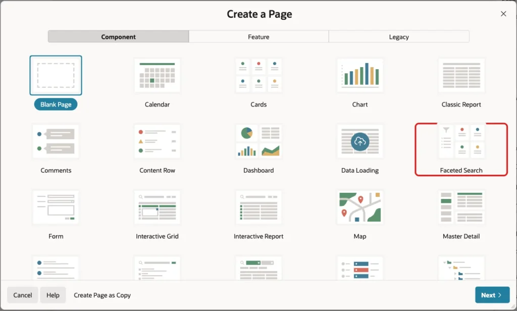 Create a Page wizard with the Faceted Search tile marked with a red box