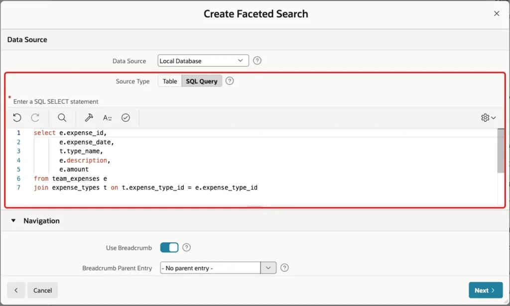Data Source with Source Type SQL Query and the faceted search query marked with a red box