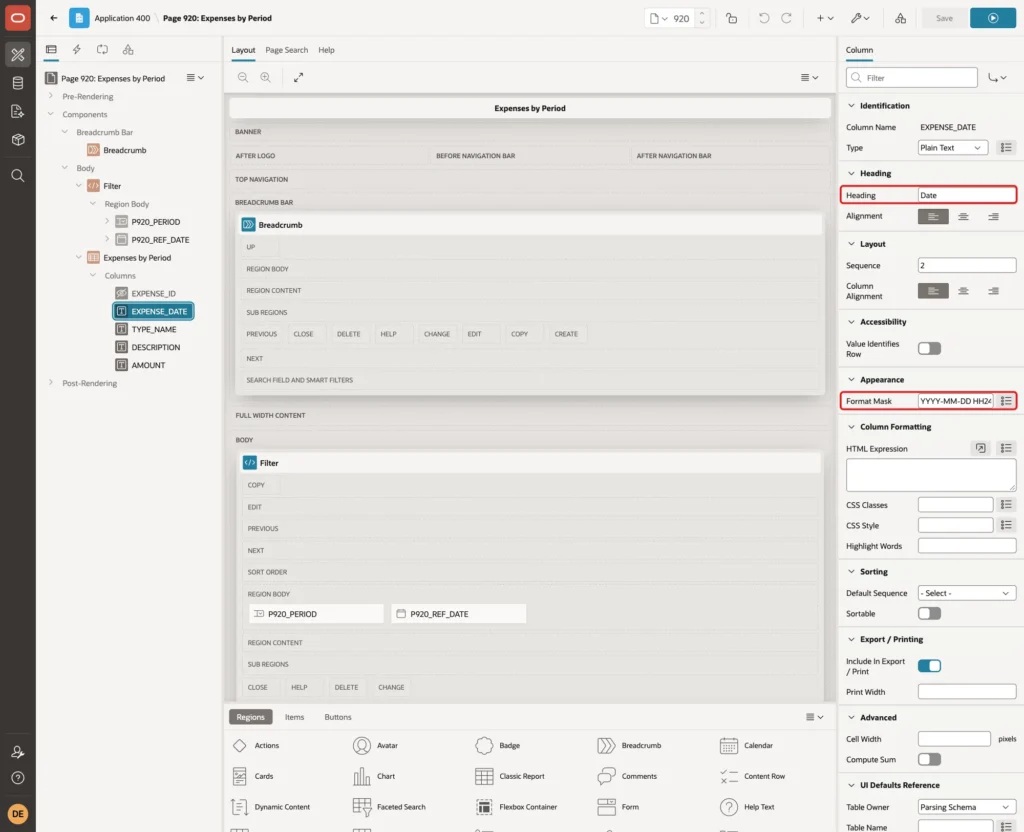 Column EXPENSE_DATE with Heading Date and Format Mask YYYY-MM-DD HH24:MI marked with red boxes