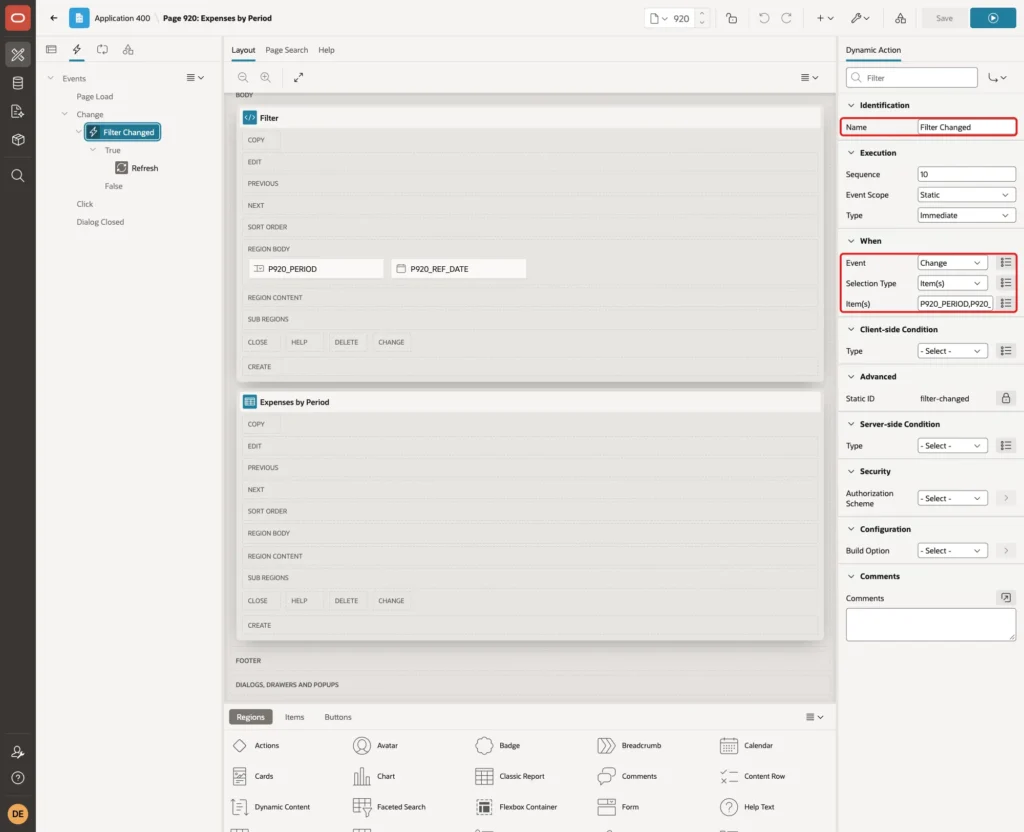 Dynamic action Filter Changed with Name, Event Change, Selection Type Item(s) and Item(s) marked with red boxes