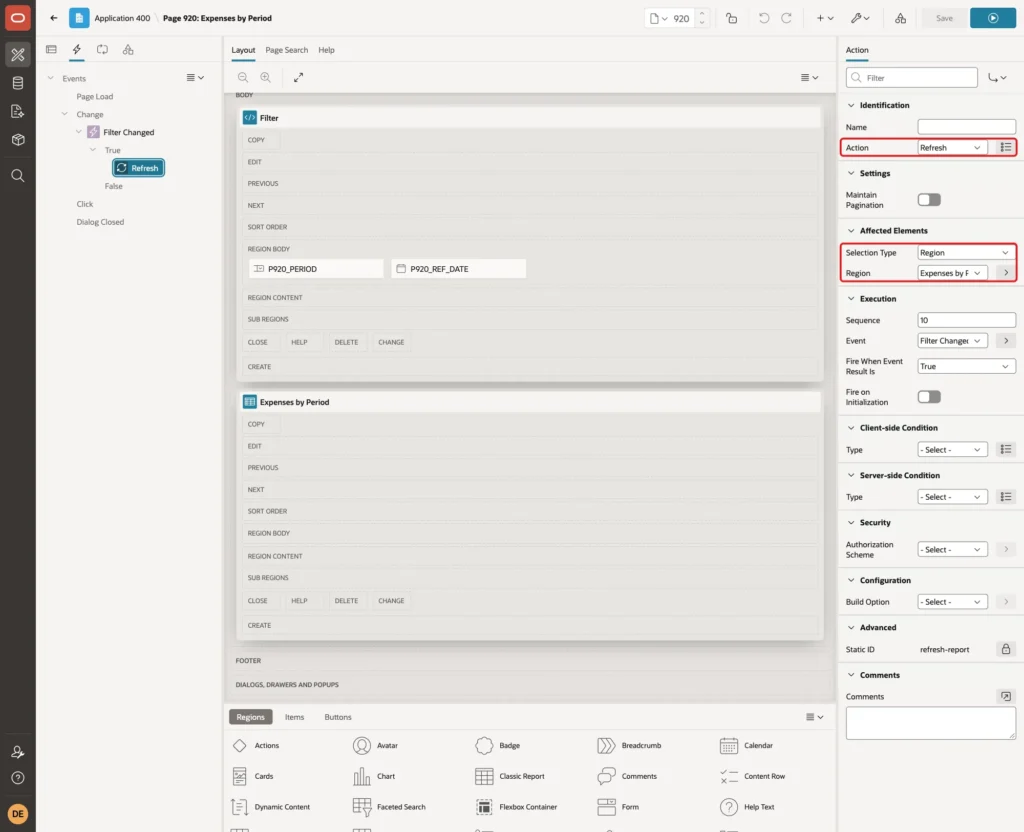 True action with Action Refresh, Selection Type Region and Region Expenses by Period marked with red boxes